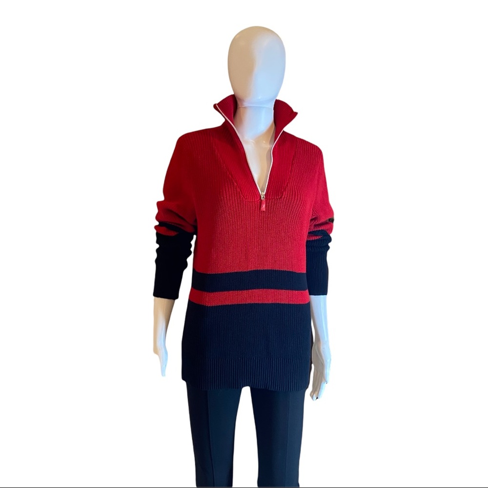 Lauren Ralph Lauren Red and Black Half-Zip V-Neck Sweater - Picture 3 of 8